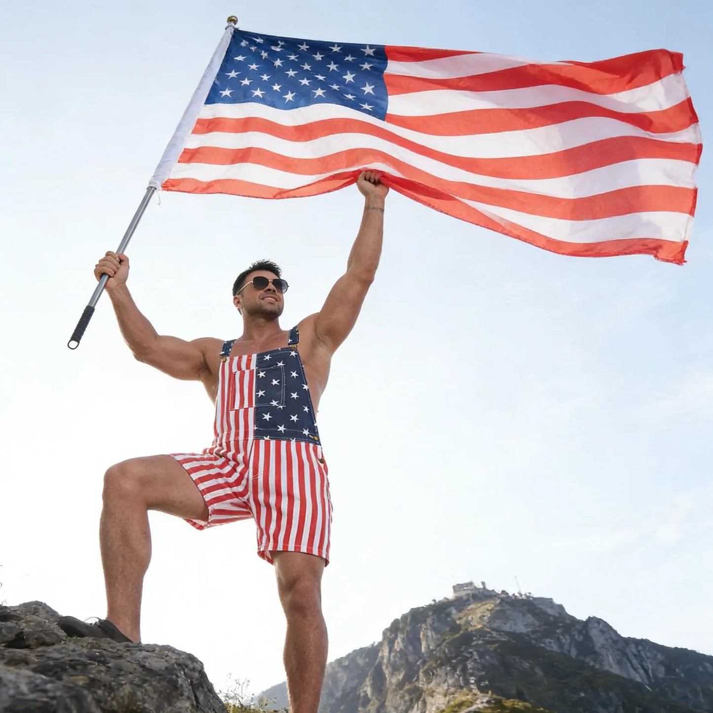 American Flag Overall Shorts – Patriotic 4th of July Denim Romper for Men & Women (250th Anniversary Edition)