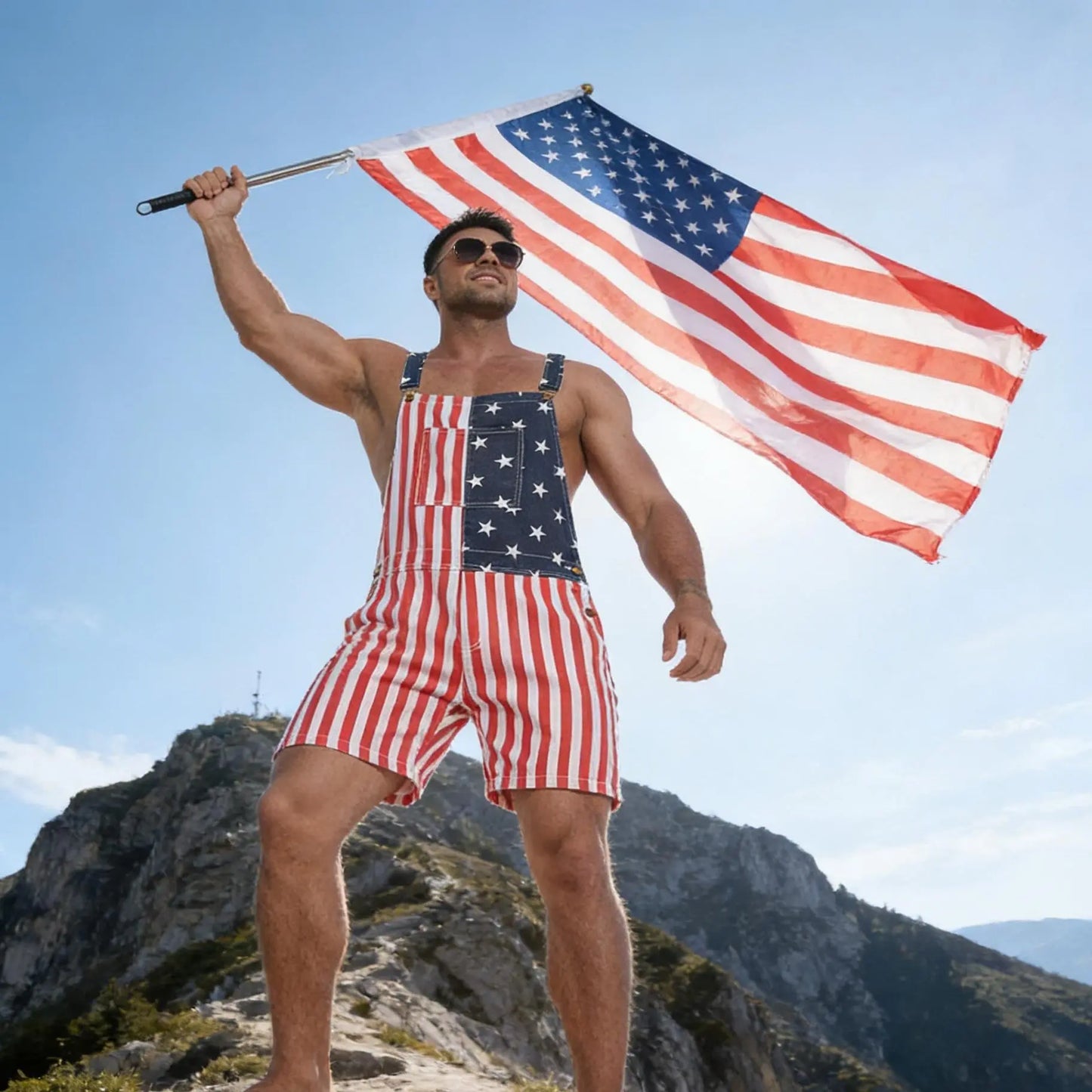 American Flag Overall Shorts – Patriotic 4th of July Denim Romper for Men & Women (250th Anniversary Edition)