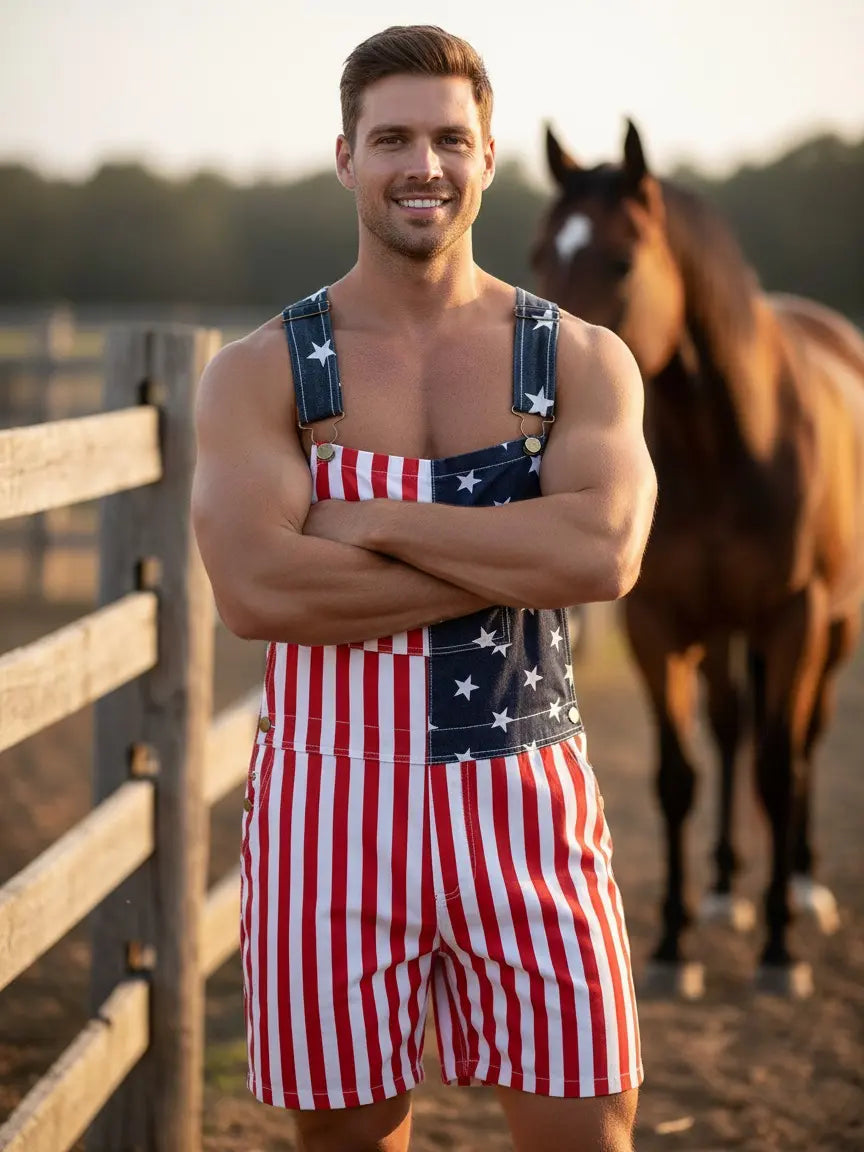American Flag Overall Shorts – Patriotic 4th of July Denim Romper for Men & Women (250th Anniversary Edition)